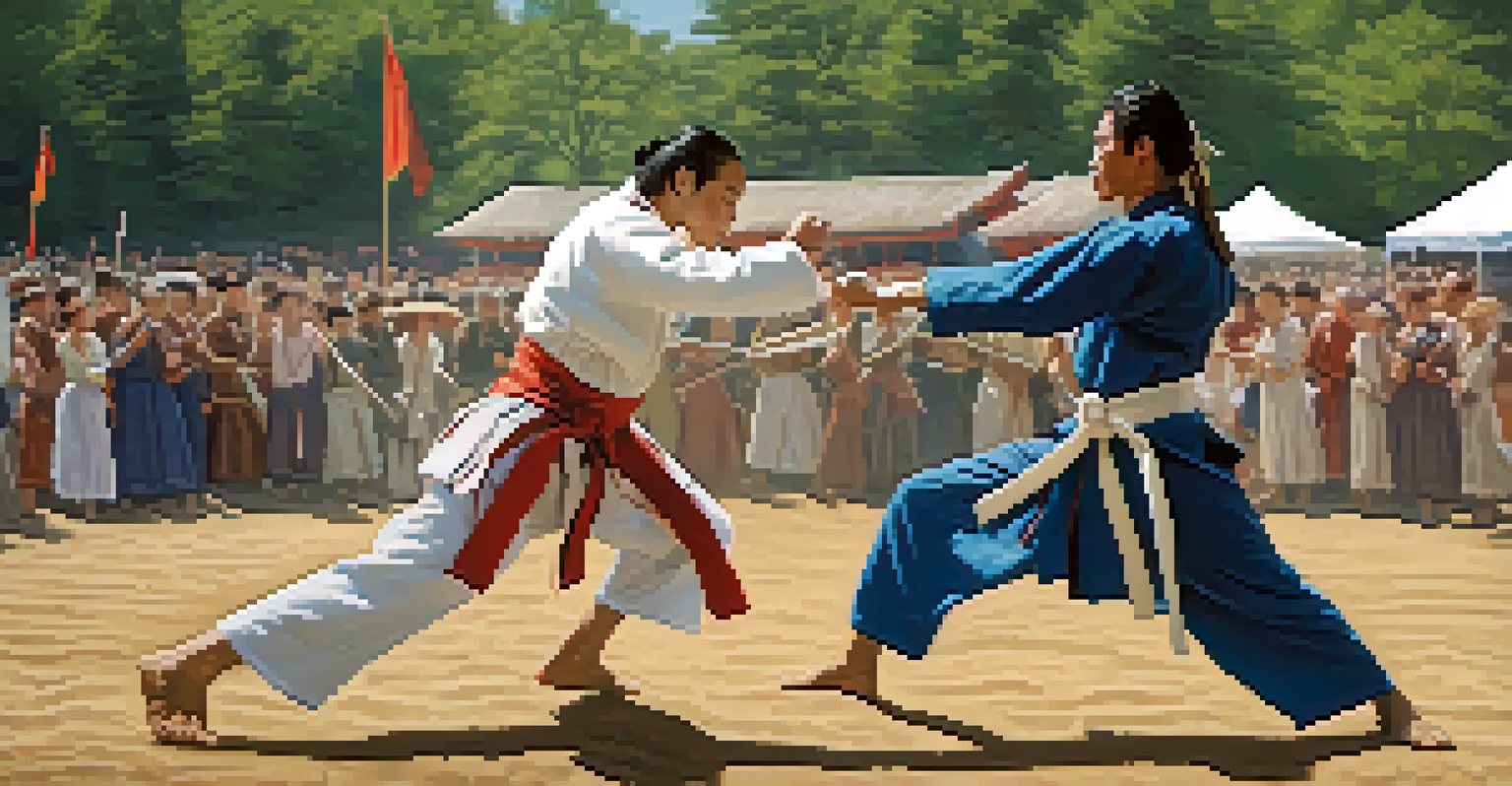 Two martial artists in historical costumes engage in a friendly duel at a reenactment event, with spectators and colorful banners in the background.