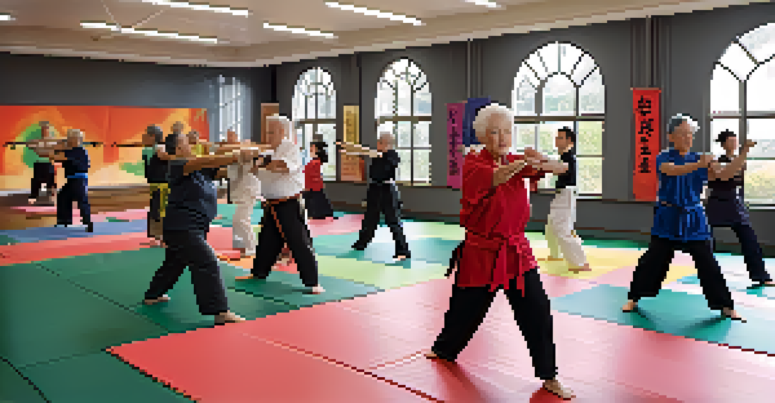 Seniors attending a martial arts class indoors, following an instructor demonstrating balance exercises.