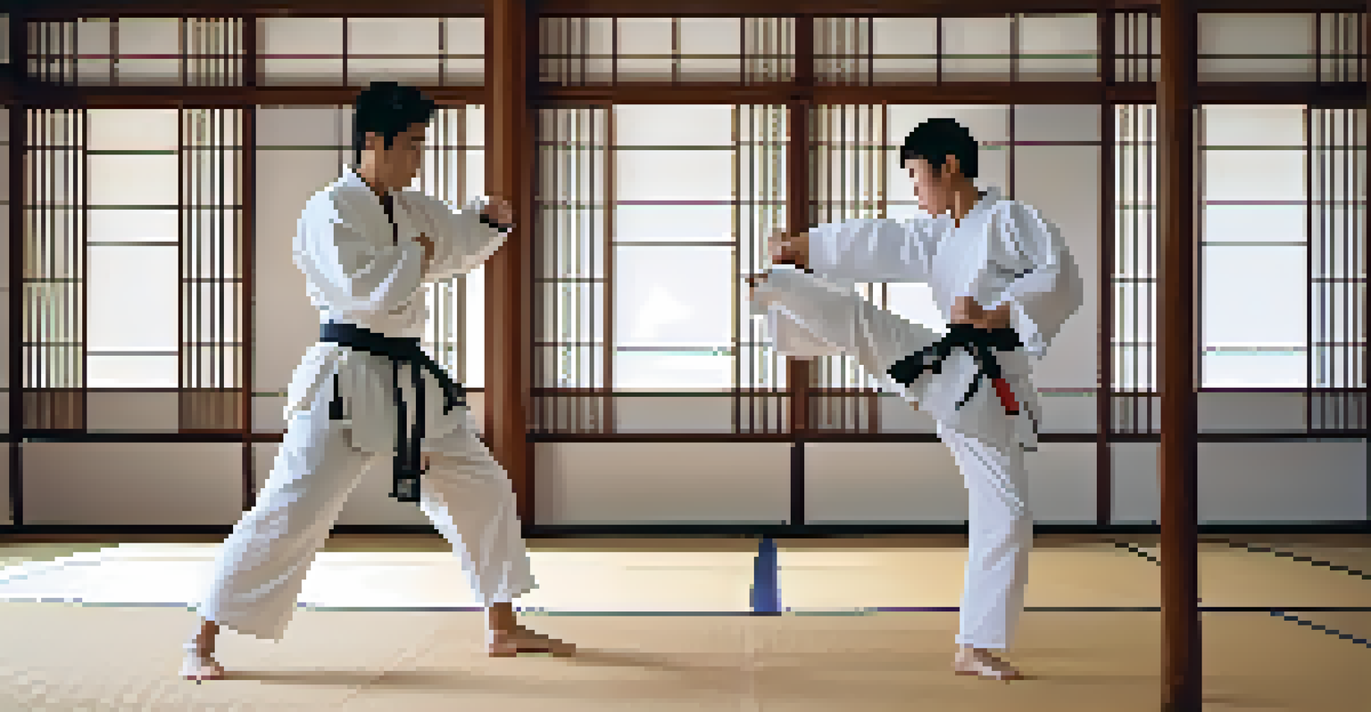 Two martial arts students sparring in a dojo, one in a white gi and the other in a black gi, demonstrating techniques in a warm and respectful environment.