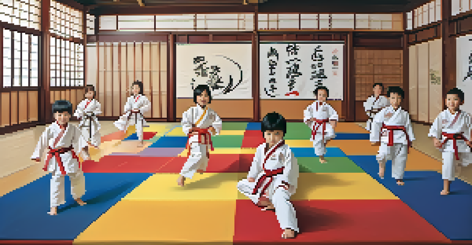 A diverse group of children training in a martial arts dojo, showcasing various styles and training activities in a vibrant setting.