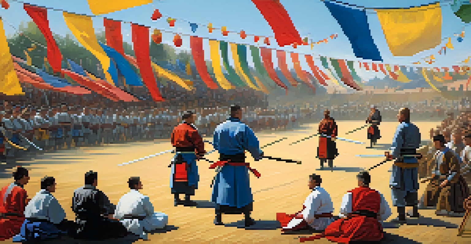 A lively community gathering at a historical European martial arts tournament with practitioners demonstrating techniques and spectators watching.