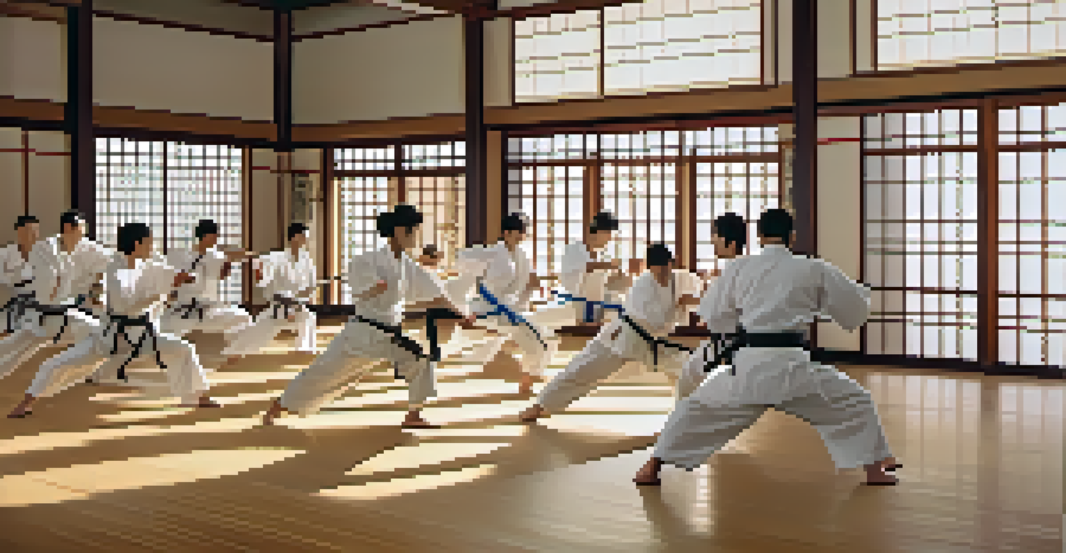 A peaceful dojo where practitioners of different backgrounds practice martial arts in a sunlit room, showcasing focus and discipline.