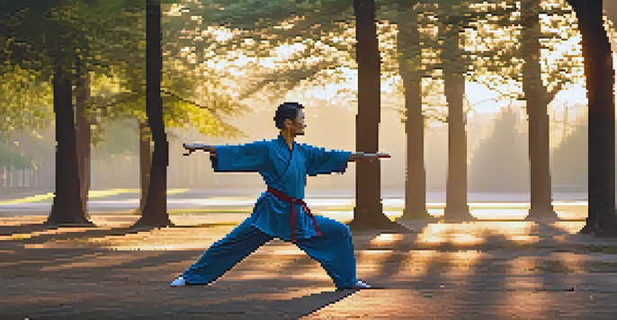 A person practicing Tai Chi in a peaceful park during sunrise, surrounded by lush trees and a misty background.