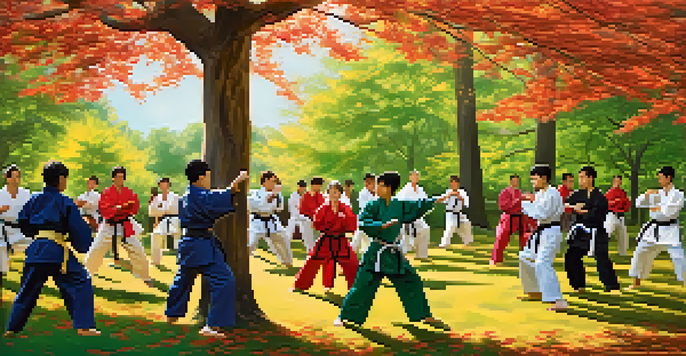 A diverse group of community members practicing martial arts in a park, with an instructor and colorful uniforms under soft sunlight.