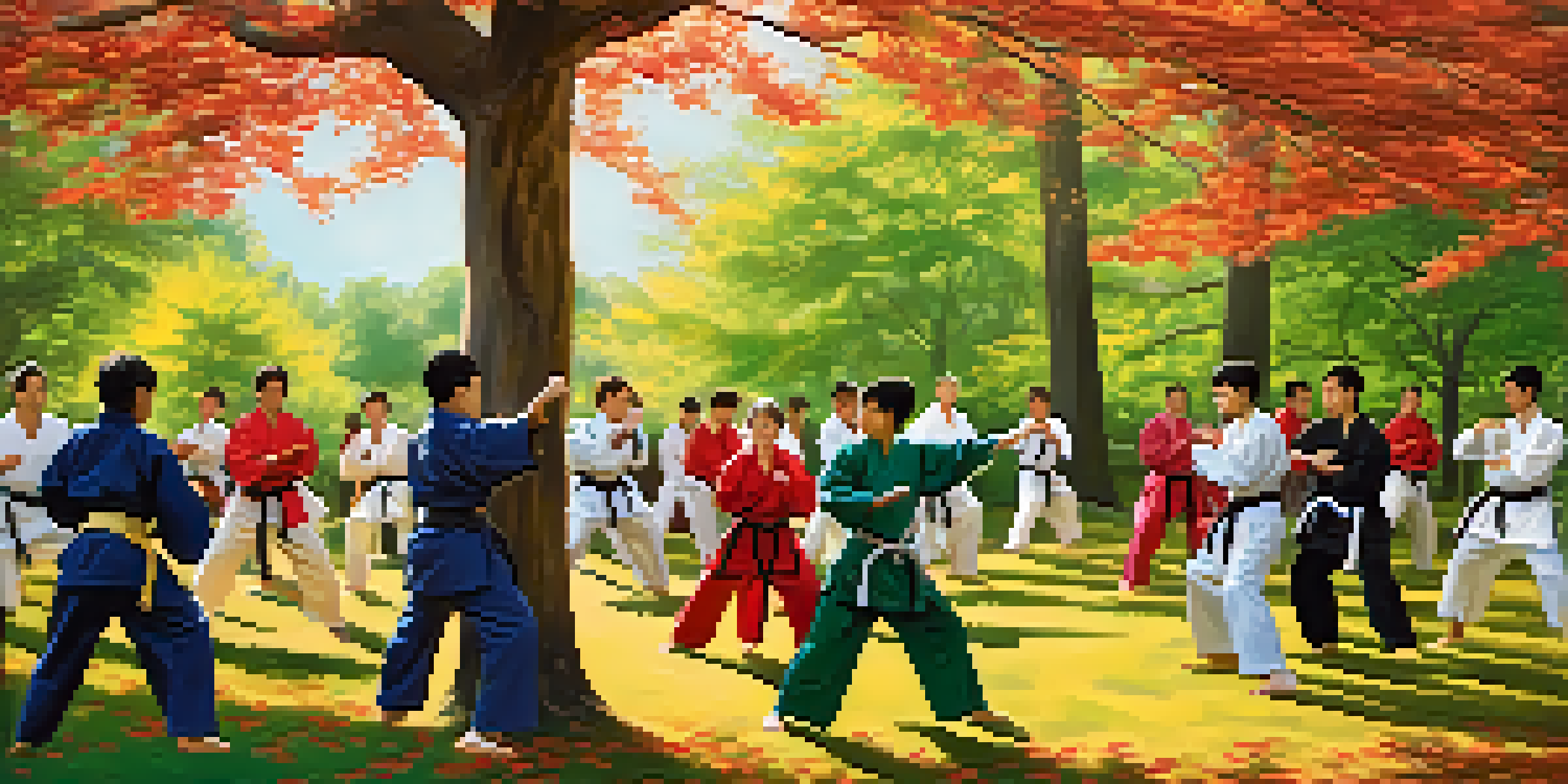 A diverse group of community members practicing martial arts in a park, with an instructor and colorful uniforms under soft sunlight.