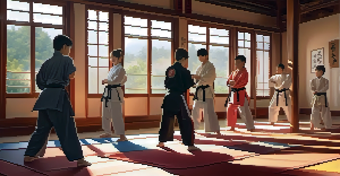 A colorful martial arts dojo with diverse young students practicing partner drills, radiating teamwork and respect in a sunny environment.