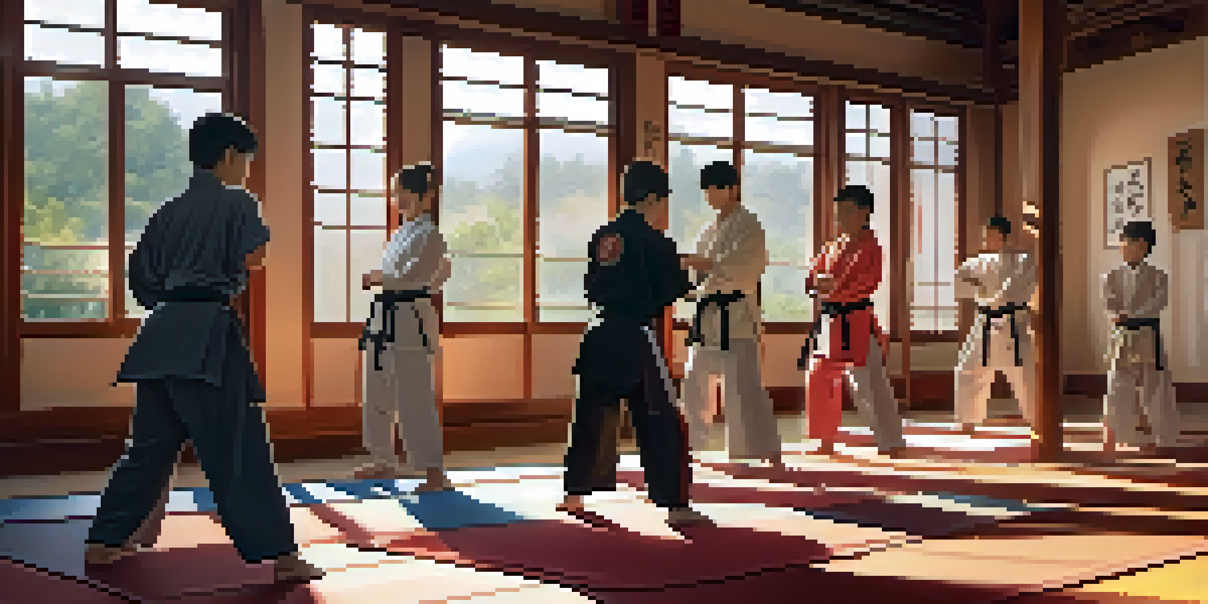 A colorful martial arts dojo with diverse young students practicing partner drills, radiating teamwork and respect in a sunny environment.