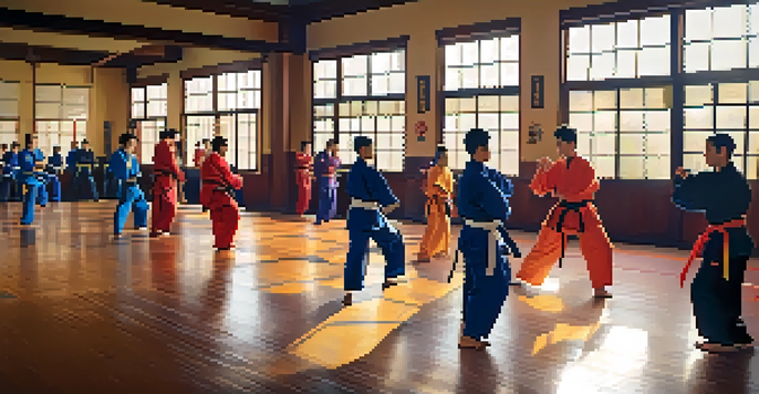 A diverse group of martial arts students practicing in a well-lit dojo, highlighting their colorful uniforms and the sense of community among them.