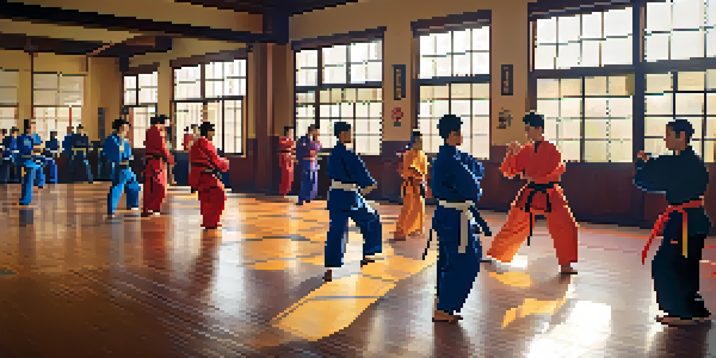 A diverse group of martial arts students practicing in a well-lit dojo, highlighting their colorful uniforms and the sense of community among them.