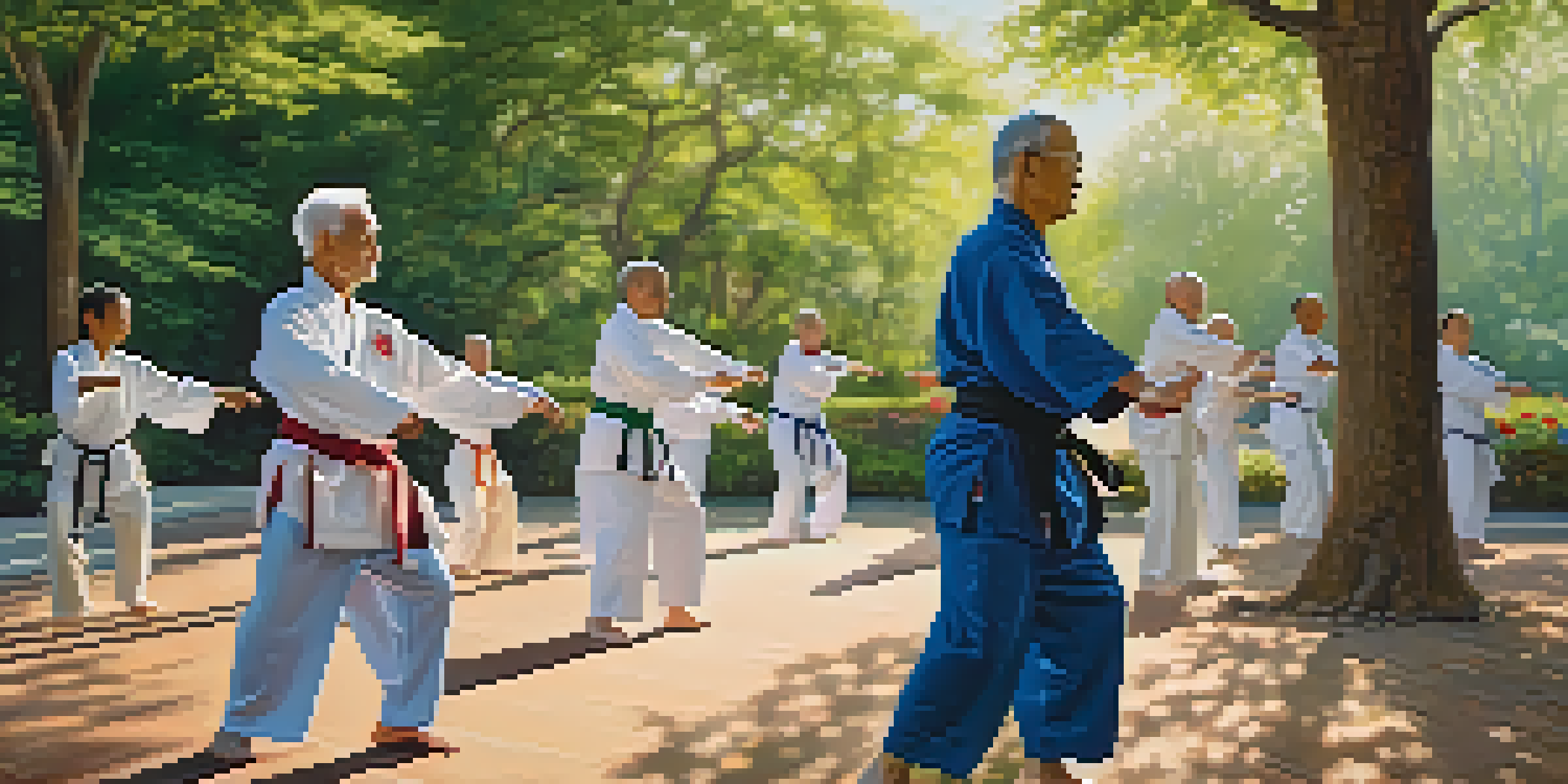 Elderly adults practicing tai chi in a sunny park, surrounded by greenery and flowers, showcasing a sense of calm and community.
