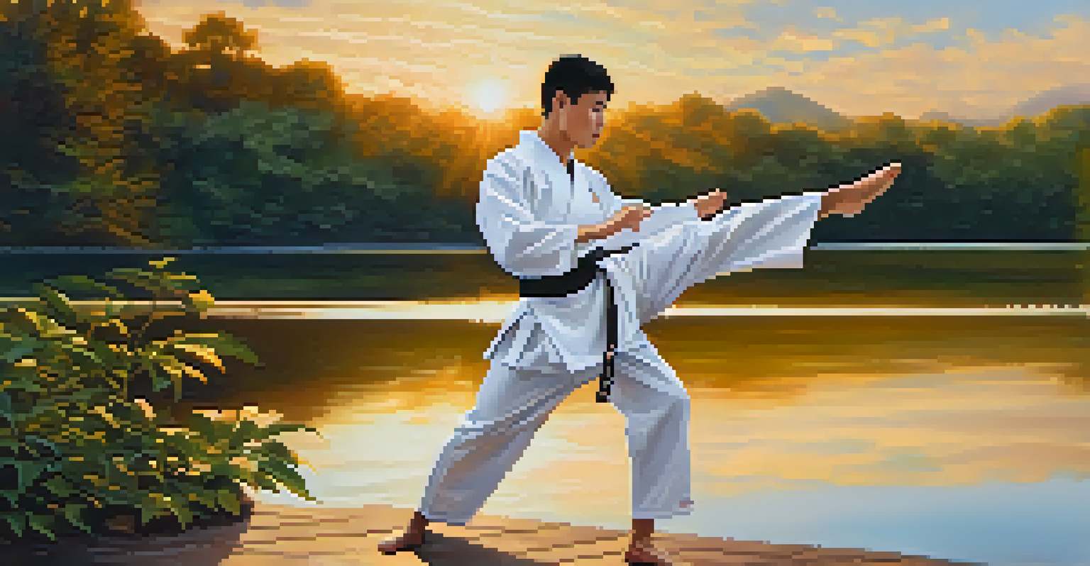 A taekwondo practitioner performing a high kick outdoors at sunset, with a peaceful lake and greenery in the background.