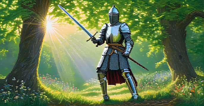 A medieval knight in ornate armor practicing swordsmanship in a sunlit clearing surrounded by trees and wildflowers.