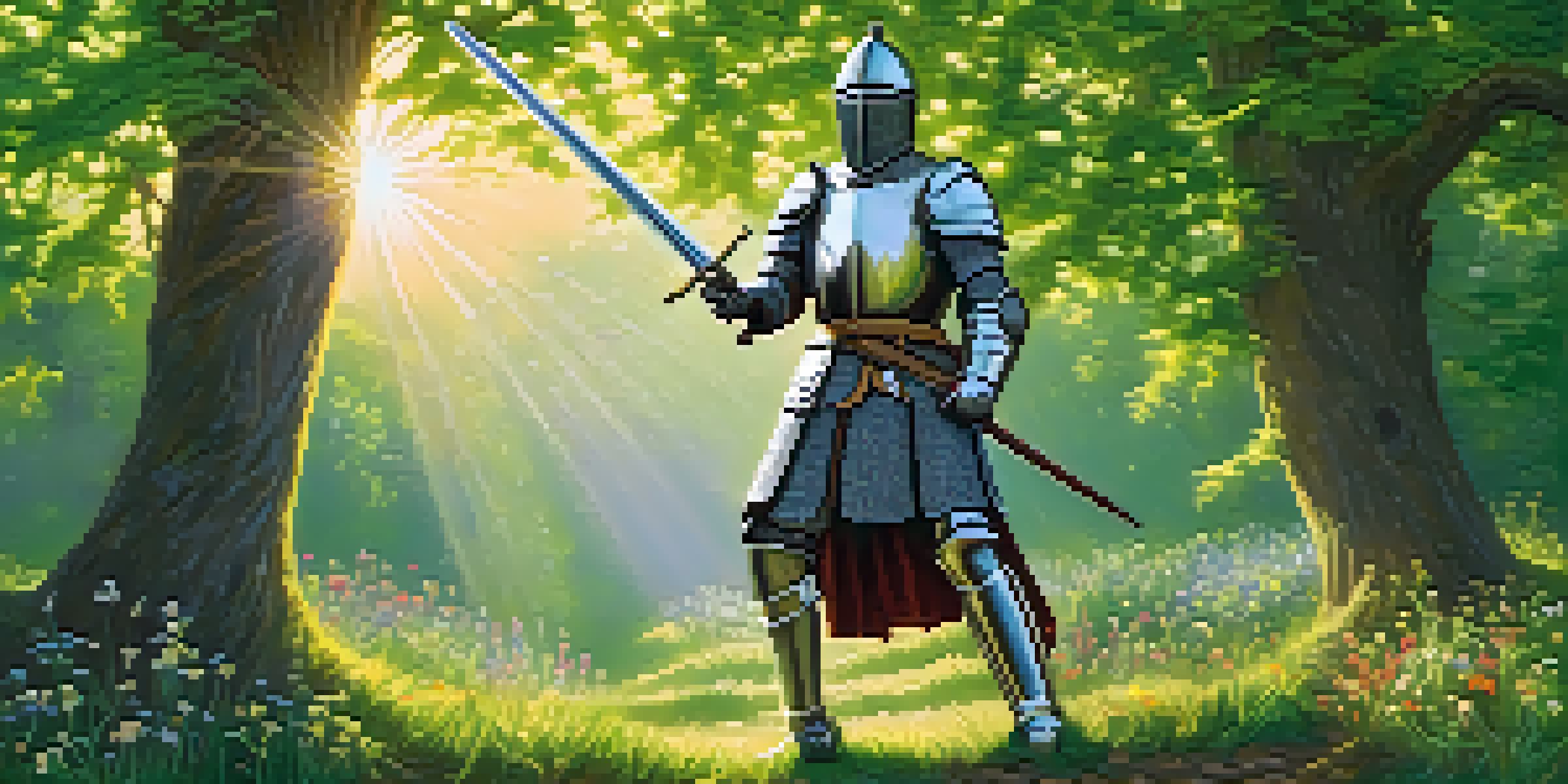 A medieval knight in ornate armor practicing swordsmanship in a sunlit clearing surrounded by trees and wildflowers.