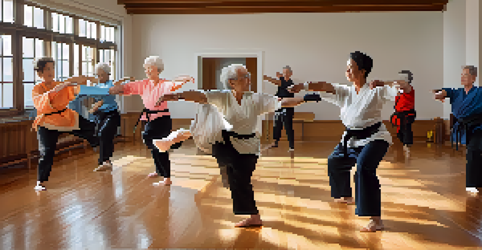 Seniors engaged in a martial arts class, following an instructor in a bright studio.