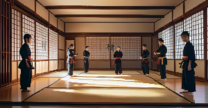 A peaceful martial arts dojo with students practicing techniques, warm lighting, and decorative elements.