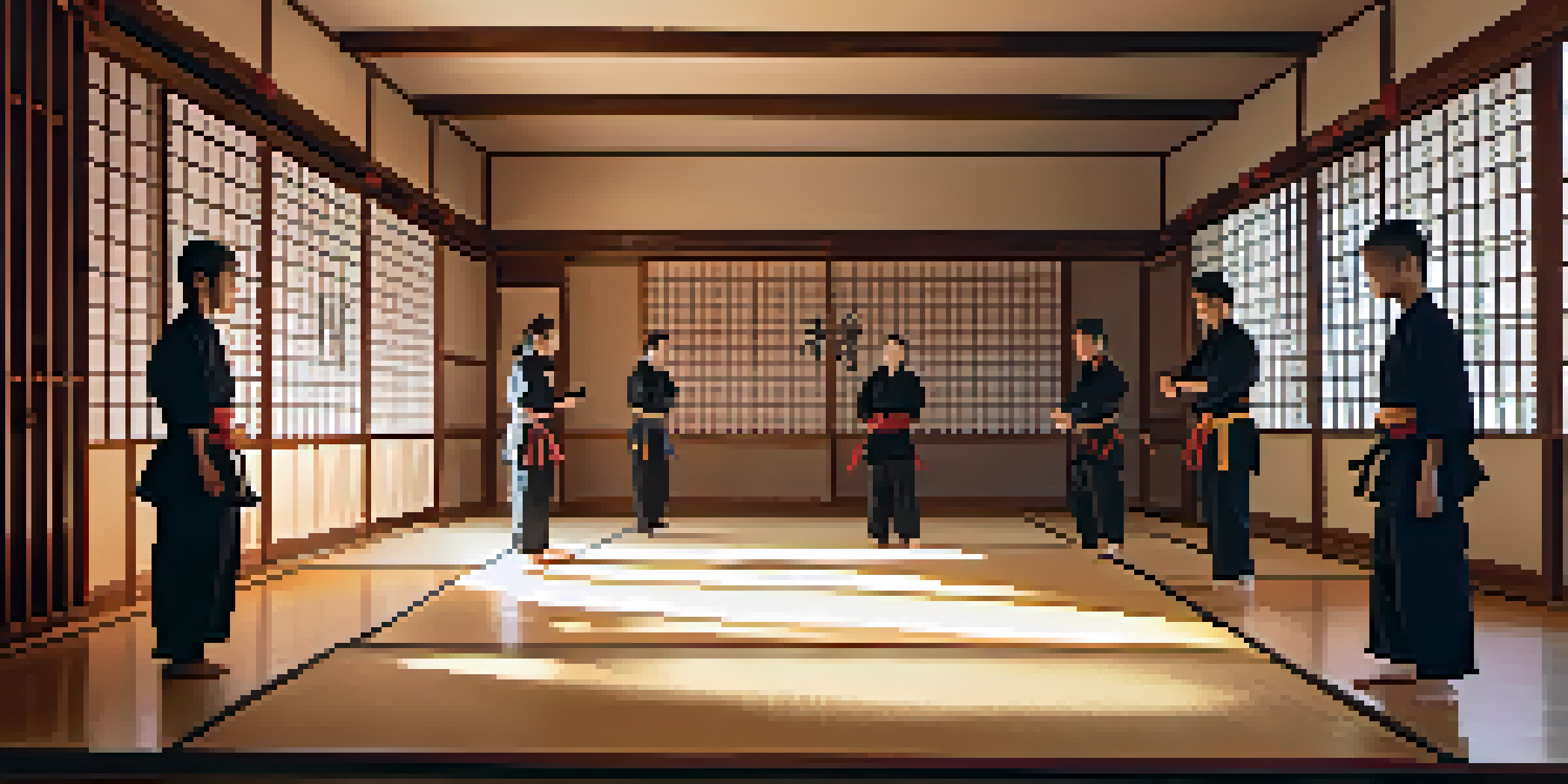 A peaceful martial arts dojo with students practicing techniques, warm lighting, and decorative elements.