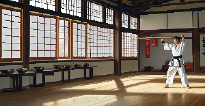 A martial artist practicing in a peaceful dojo with natural light and wooden floors, surrounded by martial arts weapons.