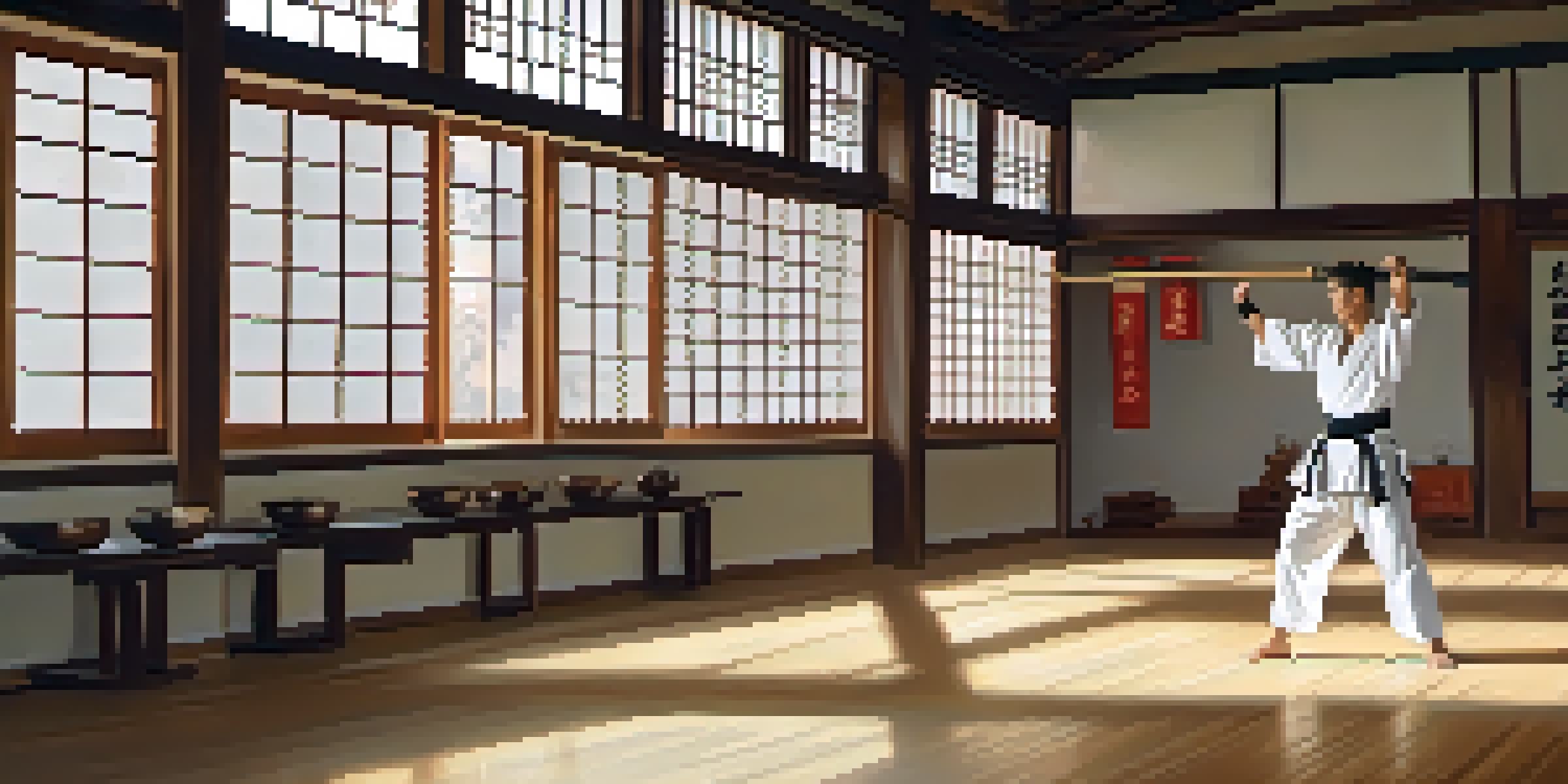 A martial artist practicing in a peaceful dojo with natural light and wooden floors, surrounded by martial arts weapons.