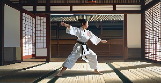 A female martial artist performs a powerful kick in a traditional dojo, with sunlight filtering through shoji screens.