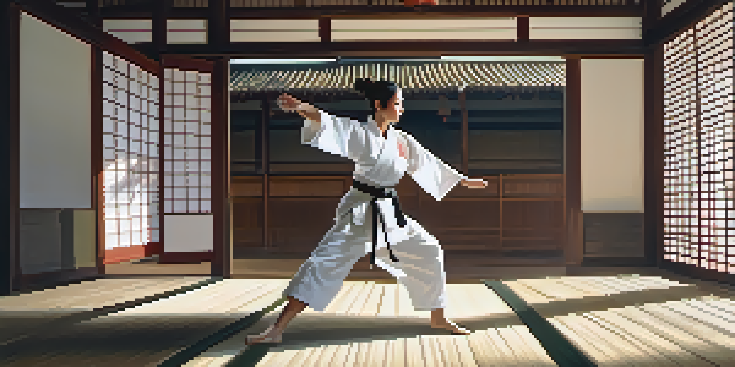 A female martial artist performs a powerful kick in a traditional dojo, with sunlight filtering through shoji screens.
