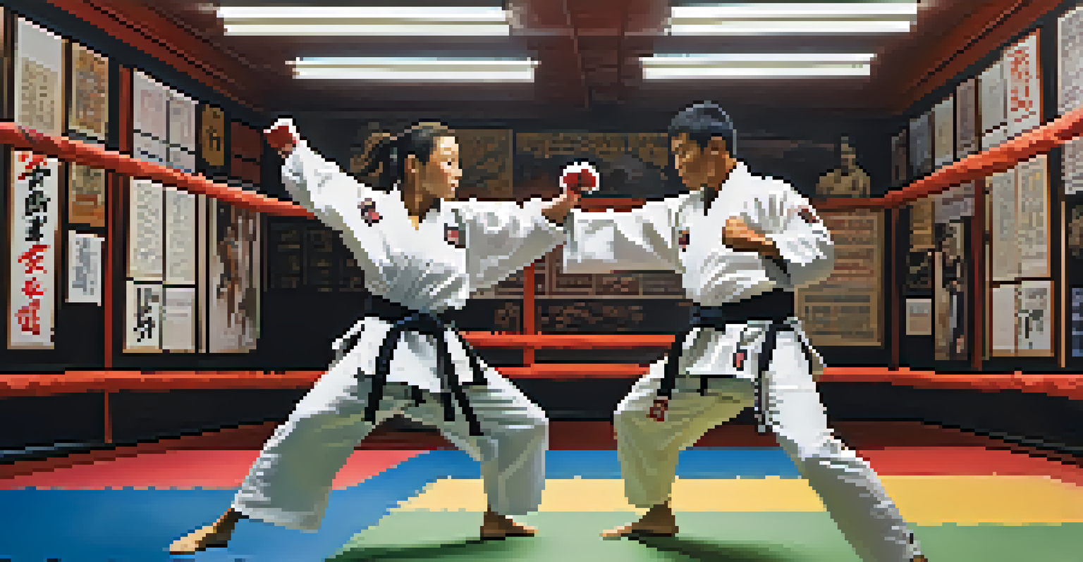 Two martial artists sparring in a dojo, one throwing a punch while the other defends.