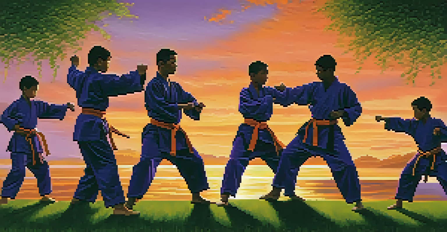 A family practicing martial arts outdoors at sunset, with vibrant colors in the sky and a lush green park in the background.