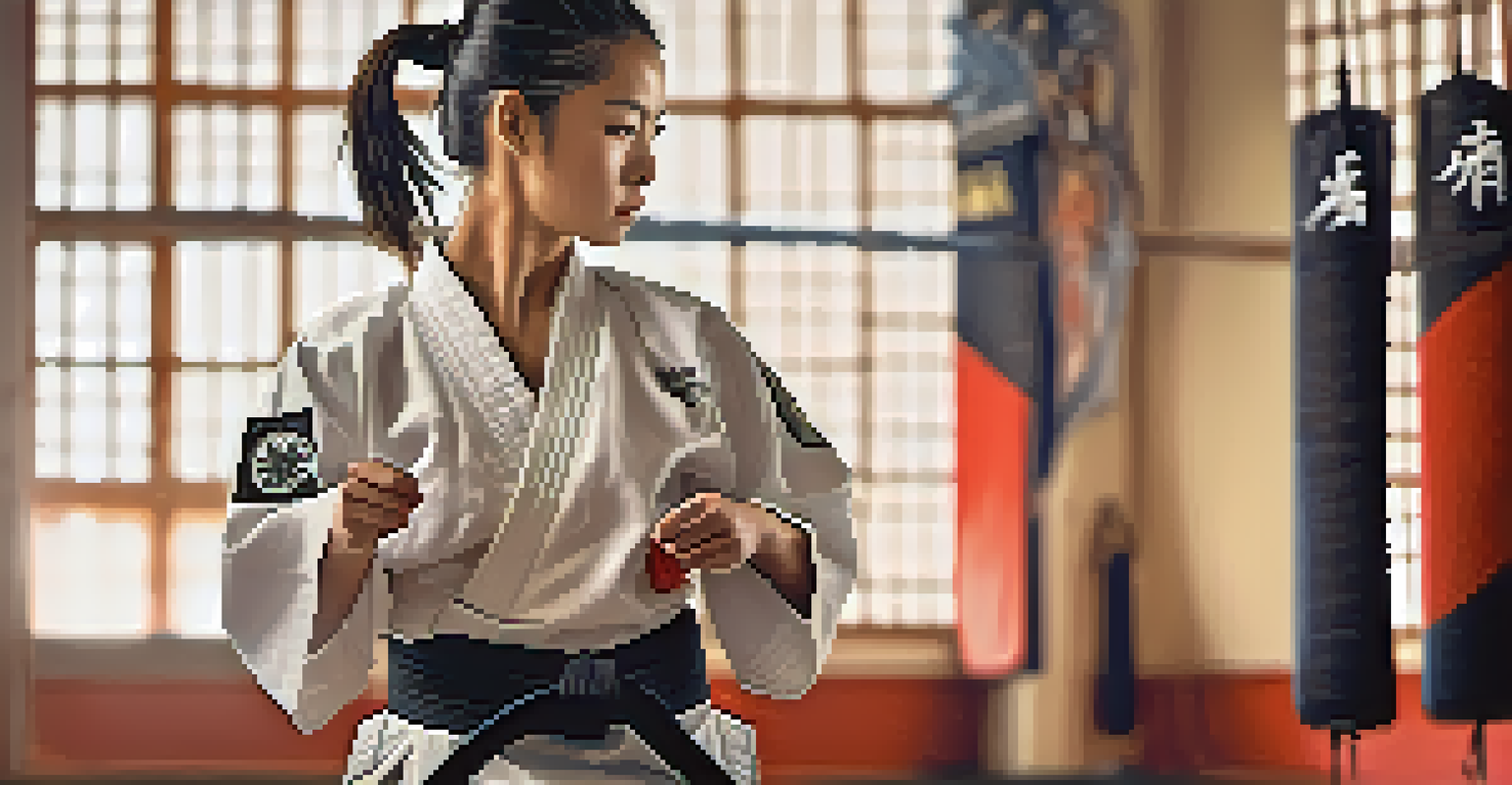 A focused female martial artist tying her black belt, showcasing determination and dedication in a dojo setting.