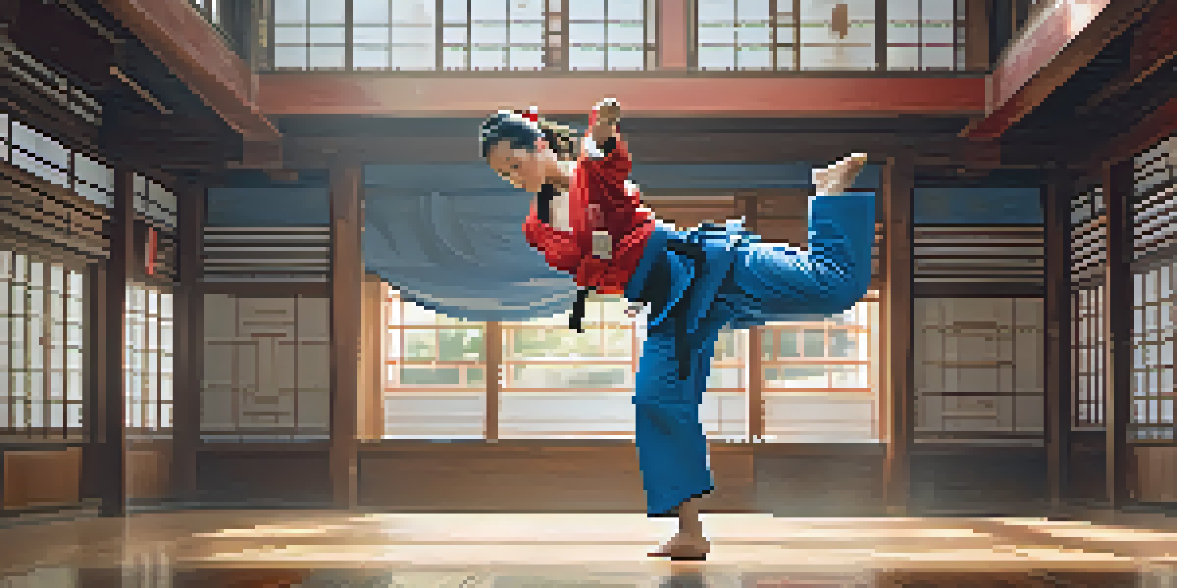 A female martial artist performing a mid-air kick in a sunlit dojo, wearing a blue gi.