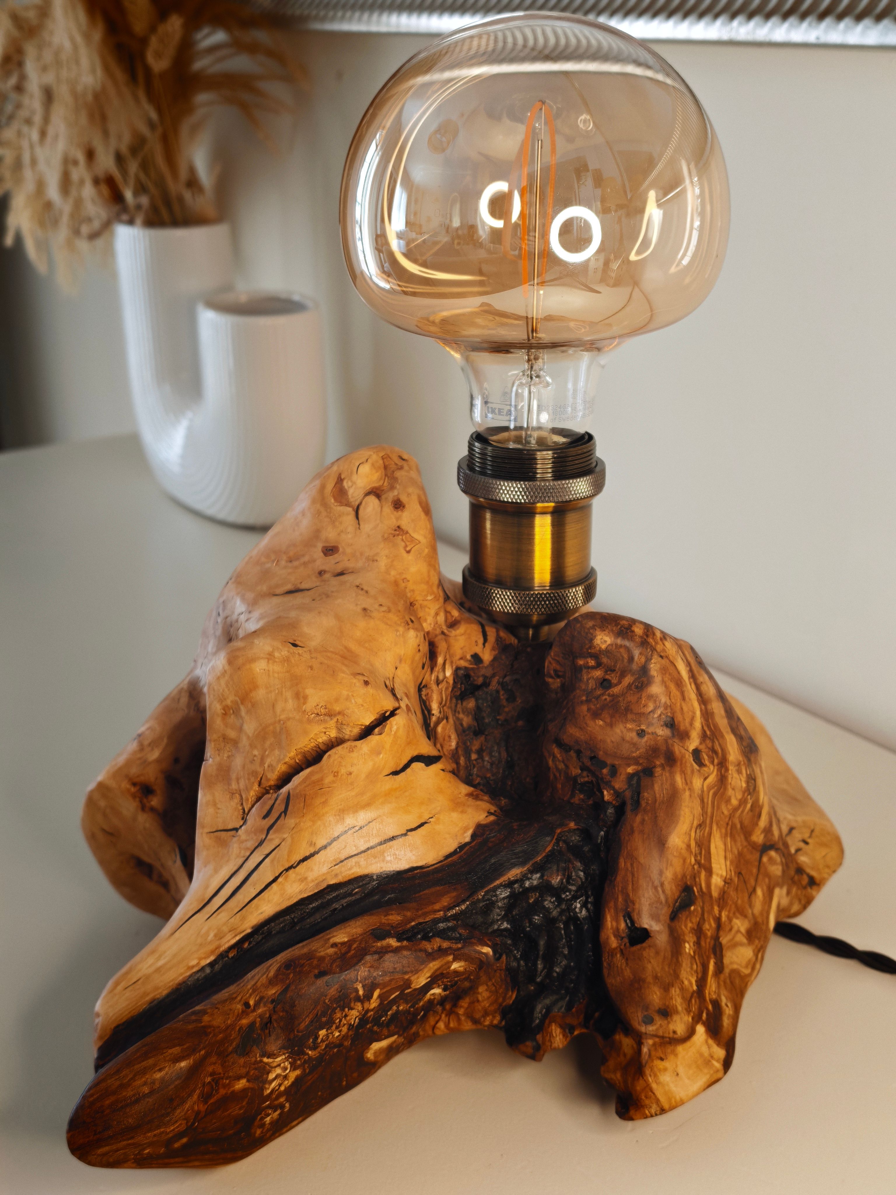 Root on olive table, olive wood table lamp