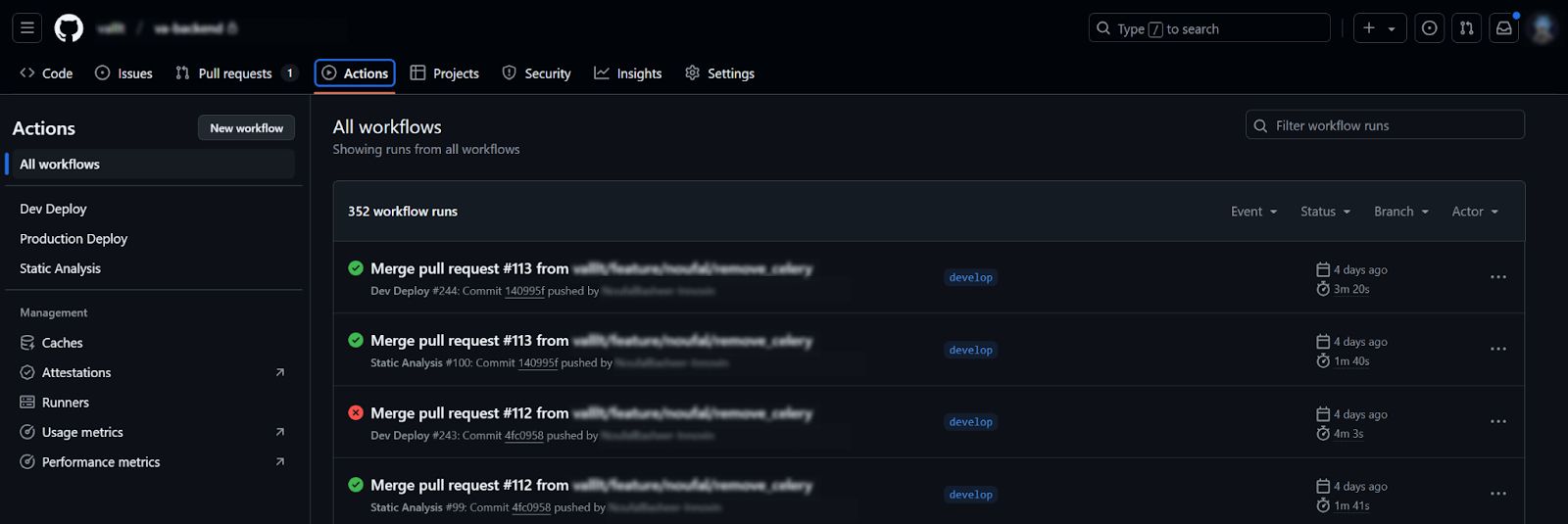 An image of GitHub Actions dashboard showcasing multiple workflows.