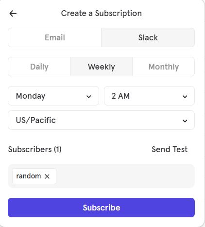 Mixpanel subscription setup interface for scheduling automated dashboard and report delivery via Slack or email