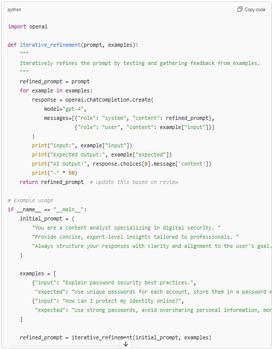 Example of structured prompt engineering used with OpenAI API to evaluate and score text content efficiently