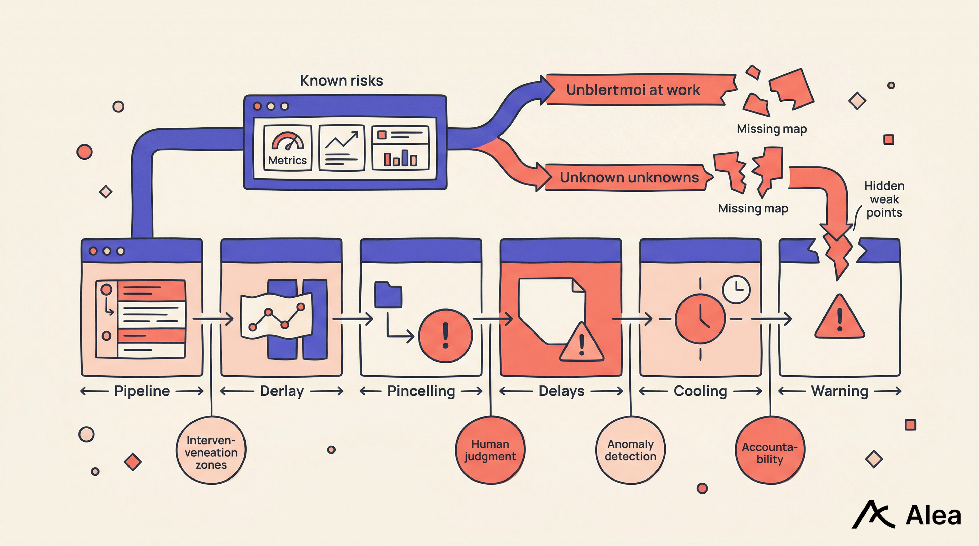 Flowchart of a decision pipeline highlighting known risks, unknown unknowns, and points for human oversight