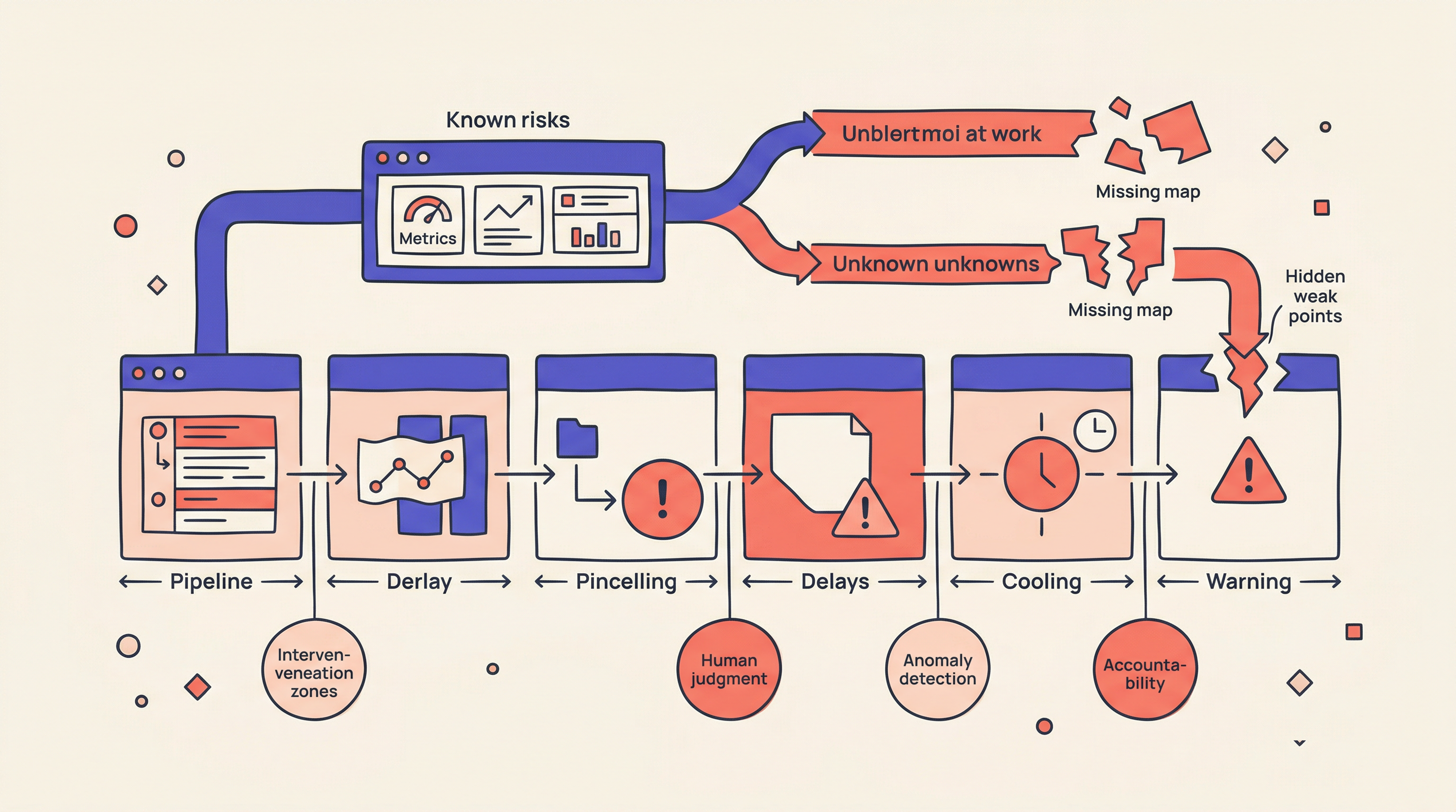 Flowchart of a decision pipeline highlighting known risks, unknown unknowns, and points for human oversight