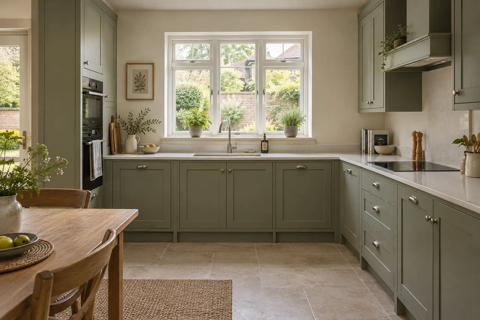AI-generated kitchen inspiration: olive shaker cupboards, a pale worktop and a garden-facing casement window.