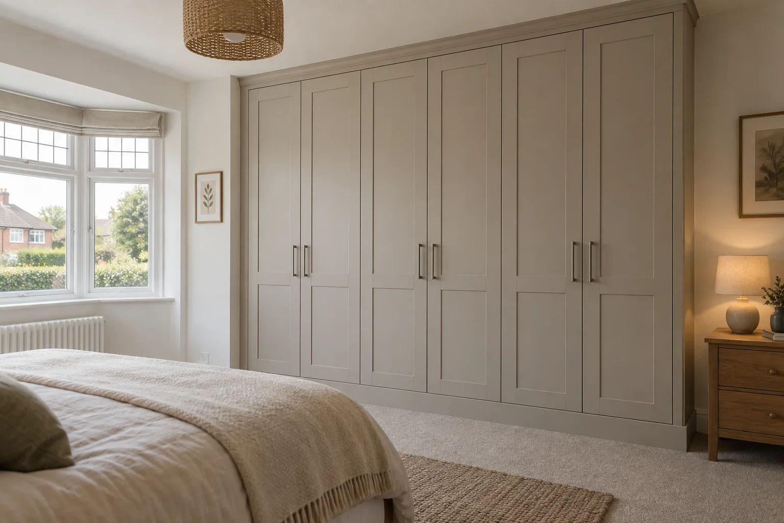 AI-generated fitted-bedroom inspiration: mushroom-grey wardrobes beside a bay window in a traditionally proportioned room.