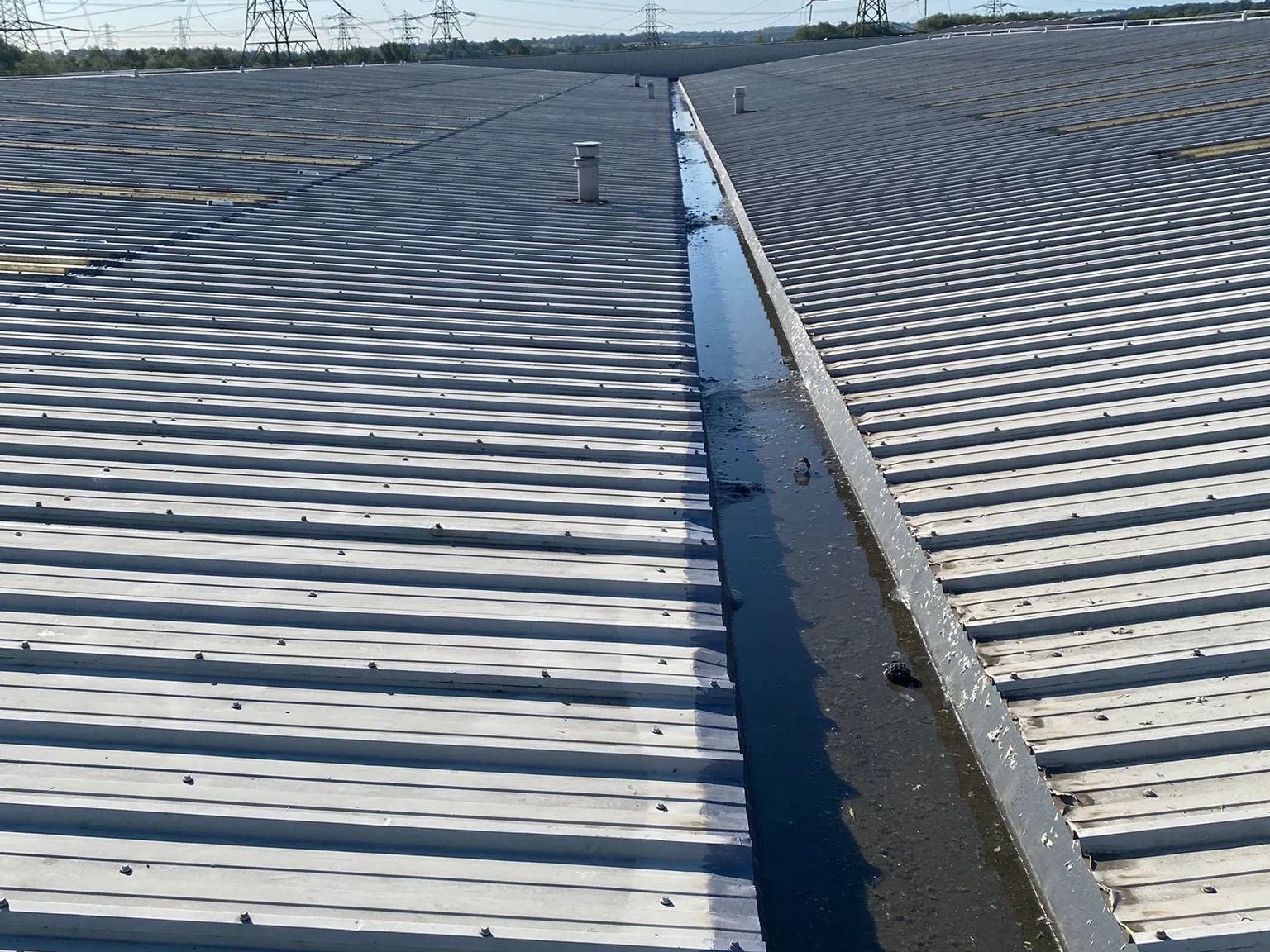 Standing water and debris lying in the sole of a box gutter
