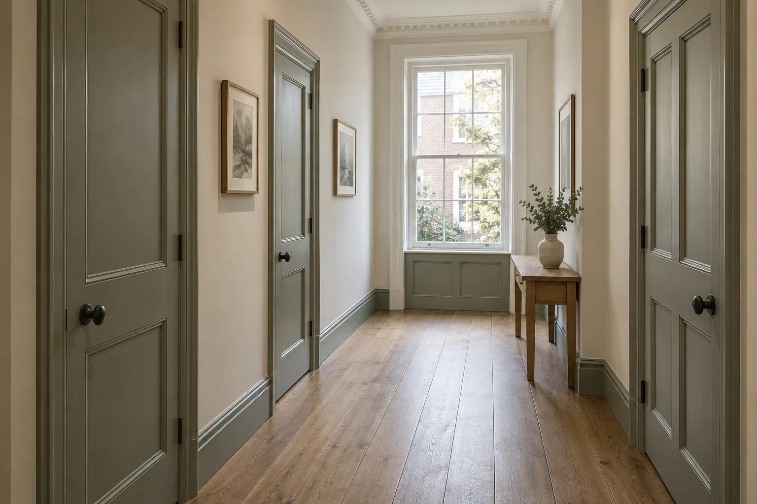 AI-generated decorating concept: sage-painted doors, restored cornice and oak floorboards in a British period entrance hall.