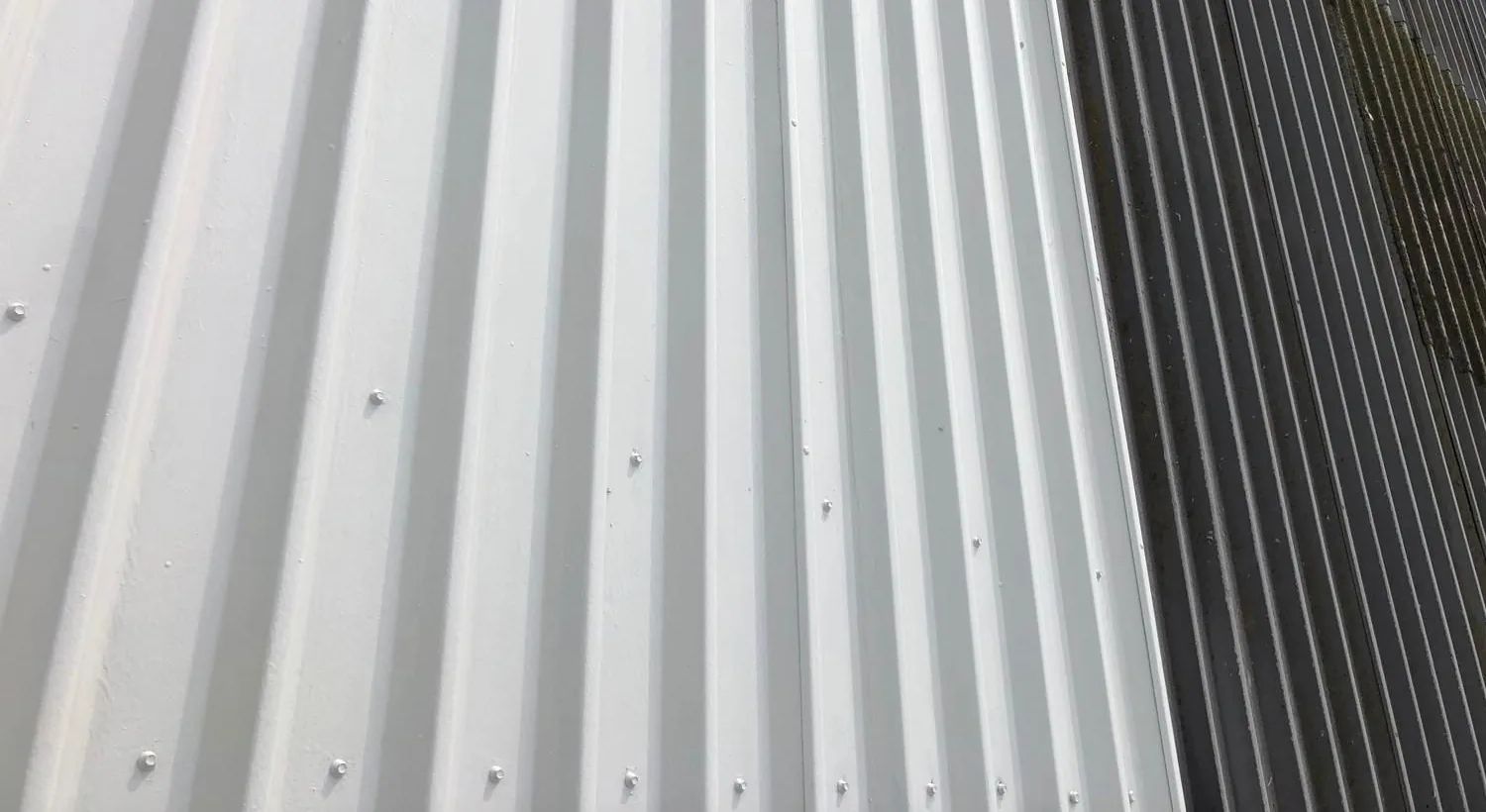 Half a metal roof coated white, the untreated sheets alongside still dark and weather-stained