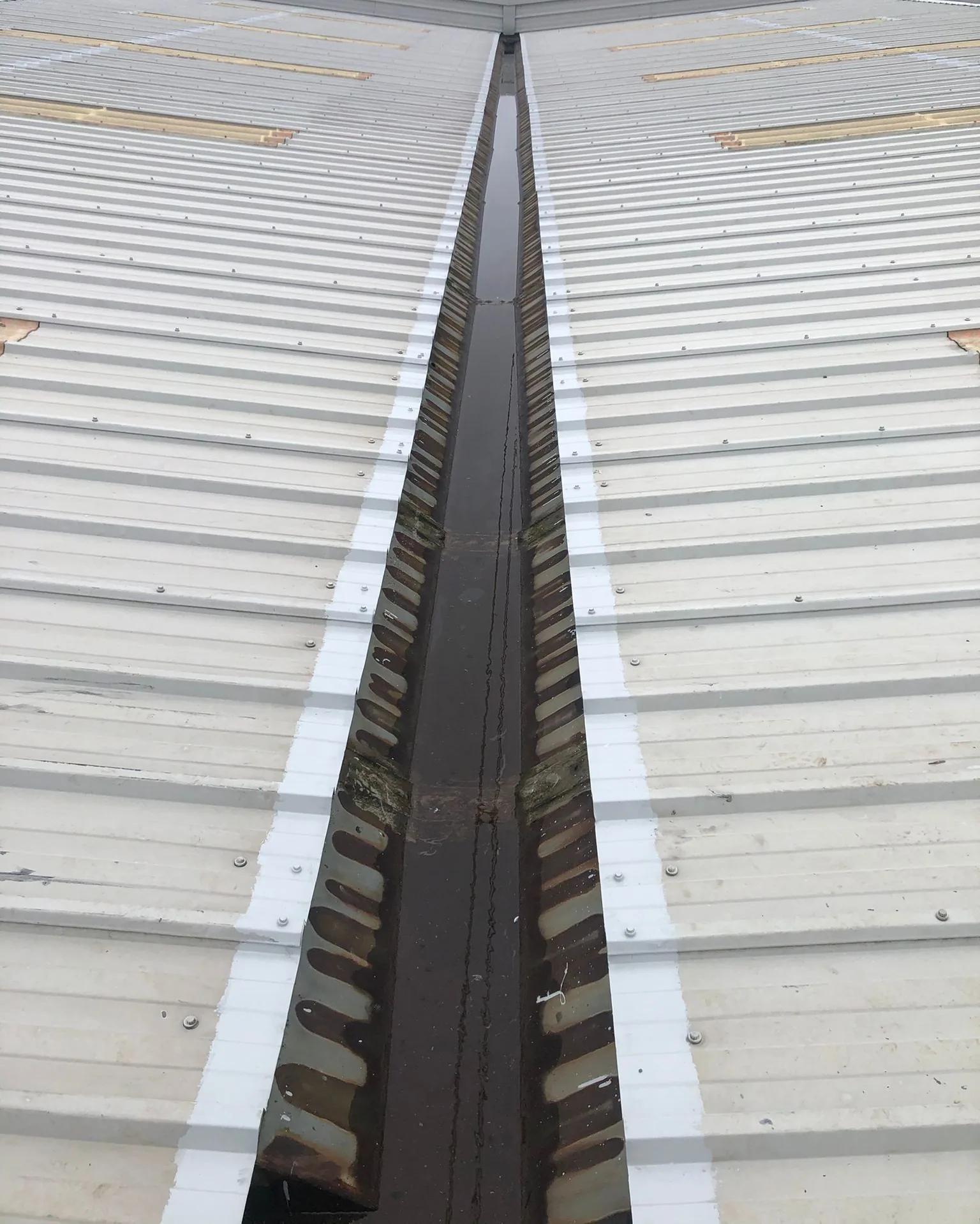 A valley gutter between two coated roof slopes, with white coating carried along the cut edge of every sheet