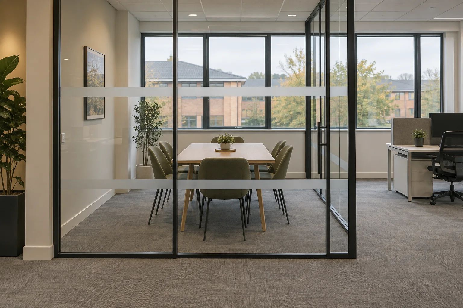 AI-generated office concept: glazed meeting room, oak table and olive chairs in a modest British workplace.