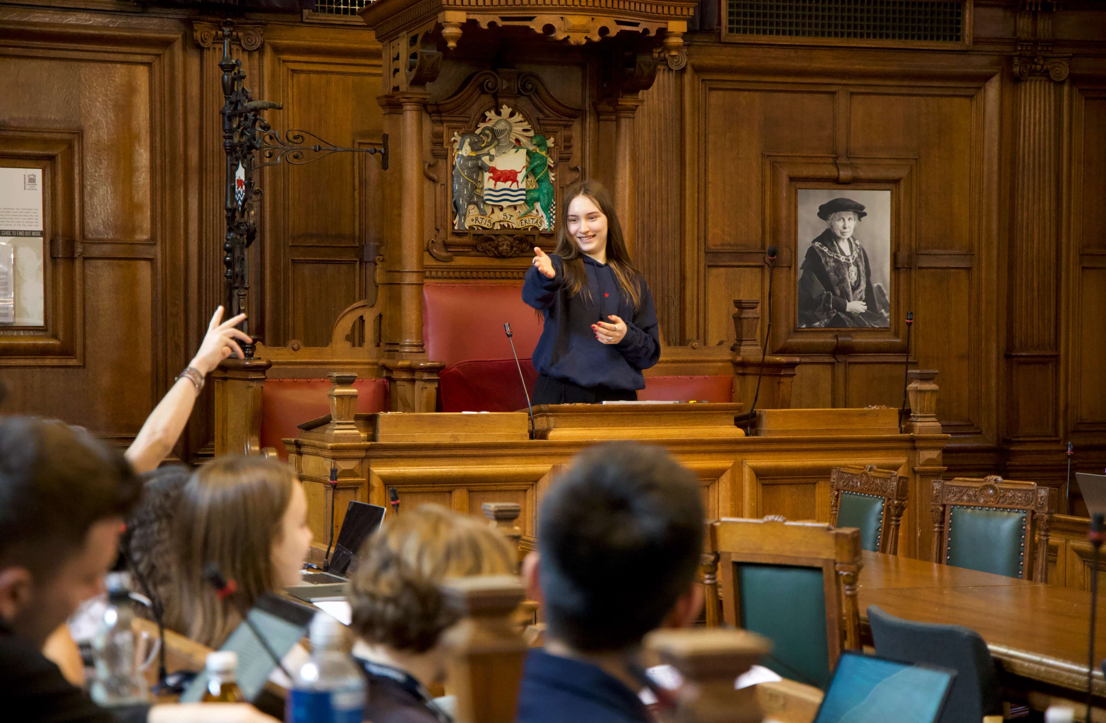 Student giving a speech in Oxford Courtroom
