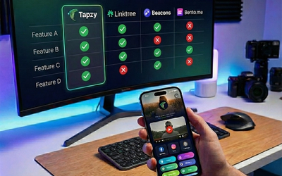 Comparison of top link in bio tools including Tapzy, Linktree and Beacons