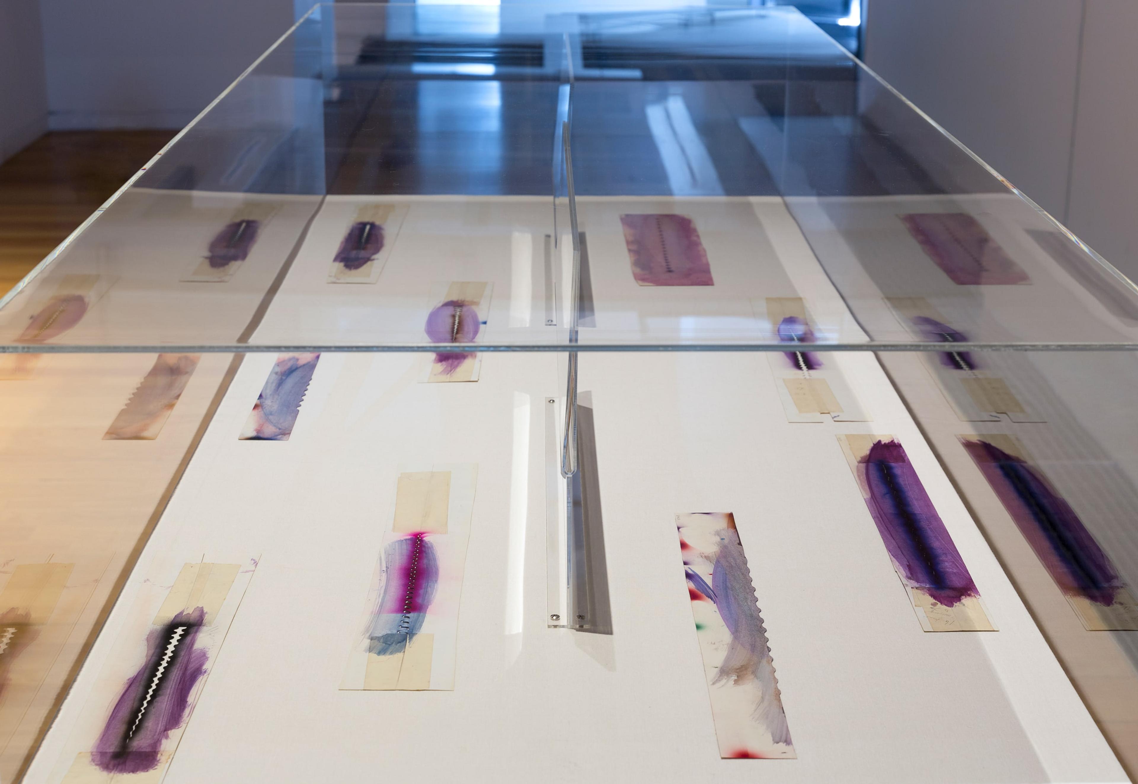Len Lye, installation view of stencils from Musical Poster #1, 1940. Paint on heavy card, occasional pencil inscriptions, eleven of twenty-one, various dimensions, approx. 490 x 90mm. Courtesy of the Len Lye Foundation, Govett-Brewster Art Gallery. Photo: Shaun Waugh