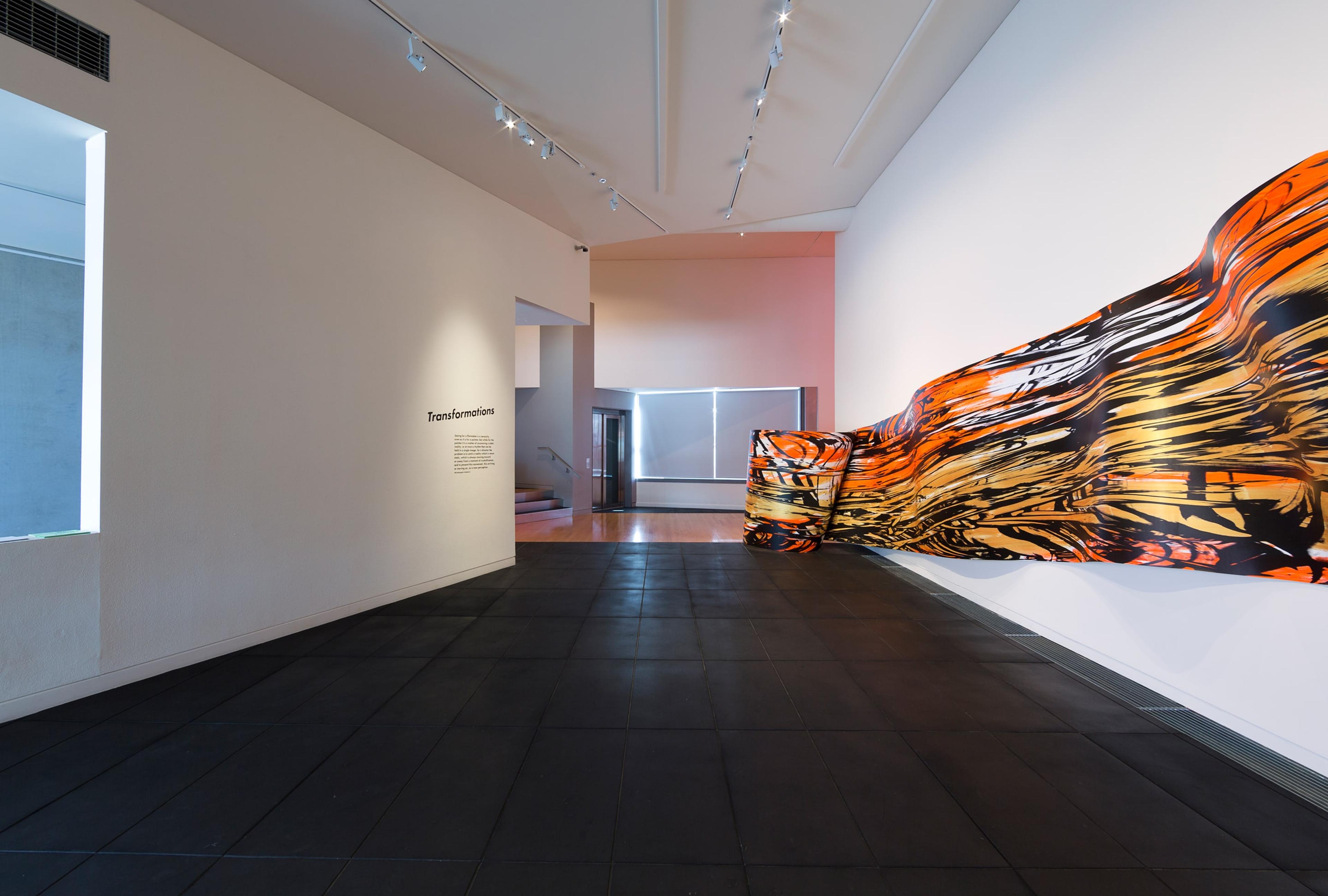Judy Millar, installation view of Space Work 7, 2014. Wood, paint, digital print, 11.1 x 4.3 meters. Courtesy of the artist, Gow Langsford, Auckland and the Adam Art Gallery. Photo: Shaun Waugh