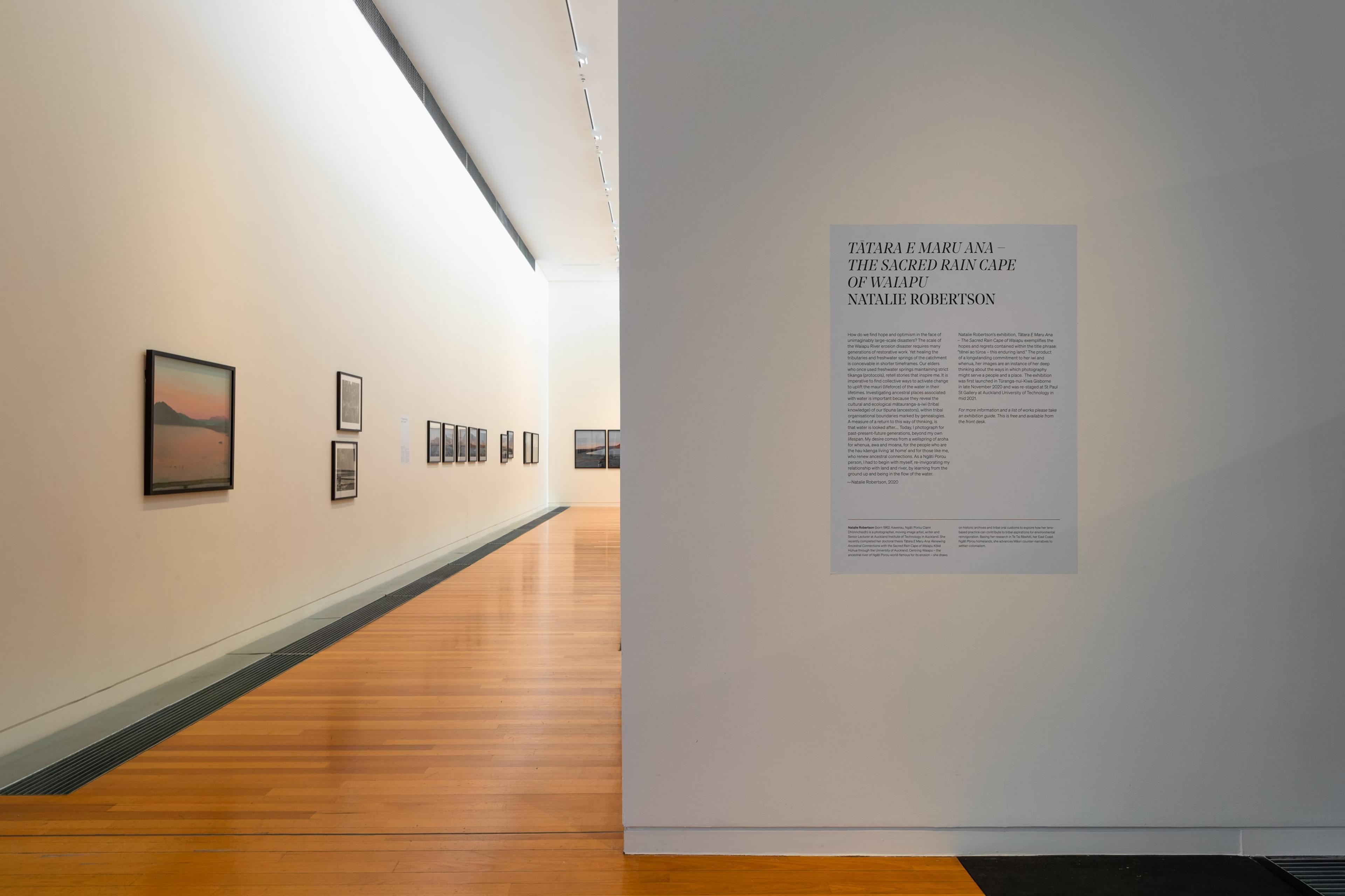 Installation view, Natalie Robertson, Tātara E Maru Ana – the Sacred Rain Cape of Waiapu, in Tēnei Ao Tūroa – This Enduring World, Te Pātaka Toi Adam Art Gallery, Victoria University Wellington. Photo: Ted Whitaker