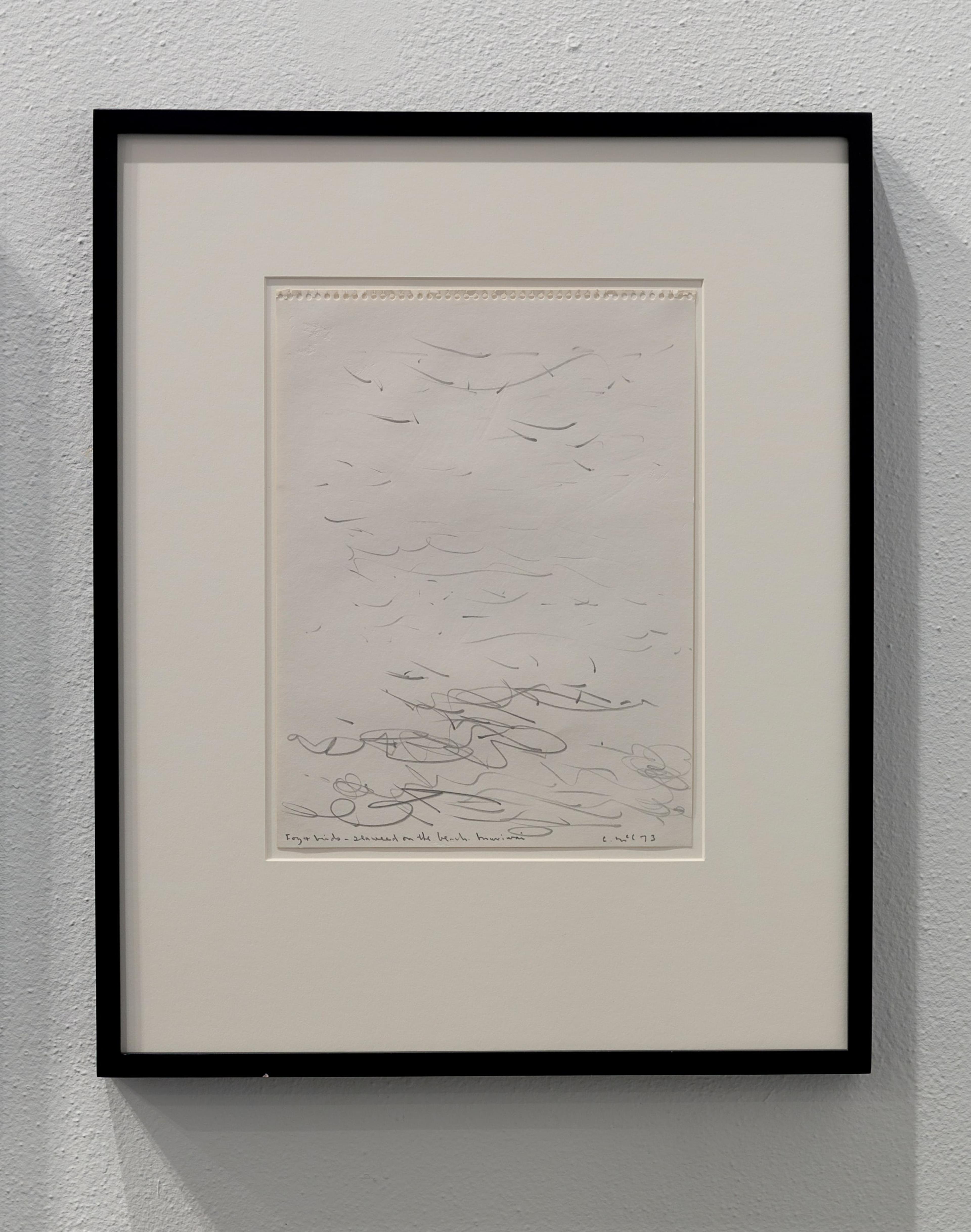 Colin McCahon, installation view of Fog Comes in over the Beach, Muriwai, 1973. Pencil on paper, one of nine, 306 x 228mm. Courtesy of Auckland Art Gallery Toi o Tāmaki, on loan from a private collection. Photo: Shaun Waugh.