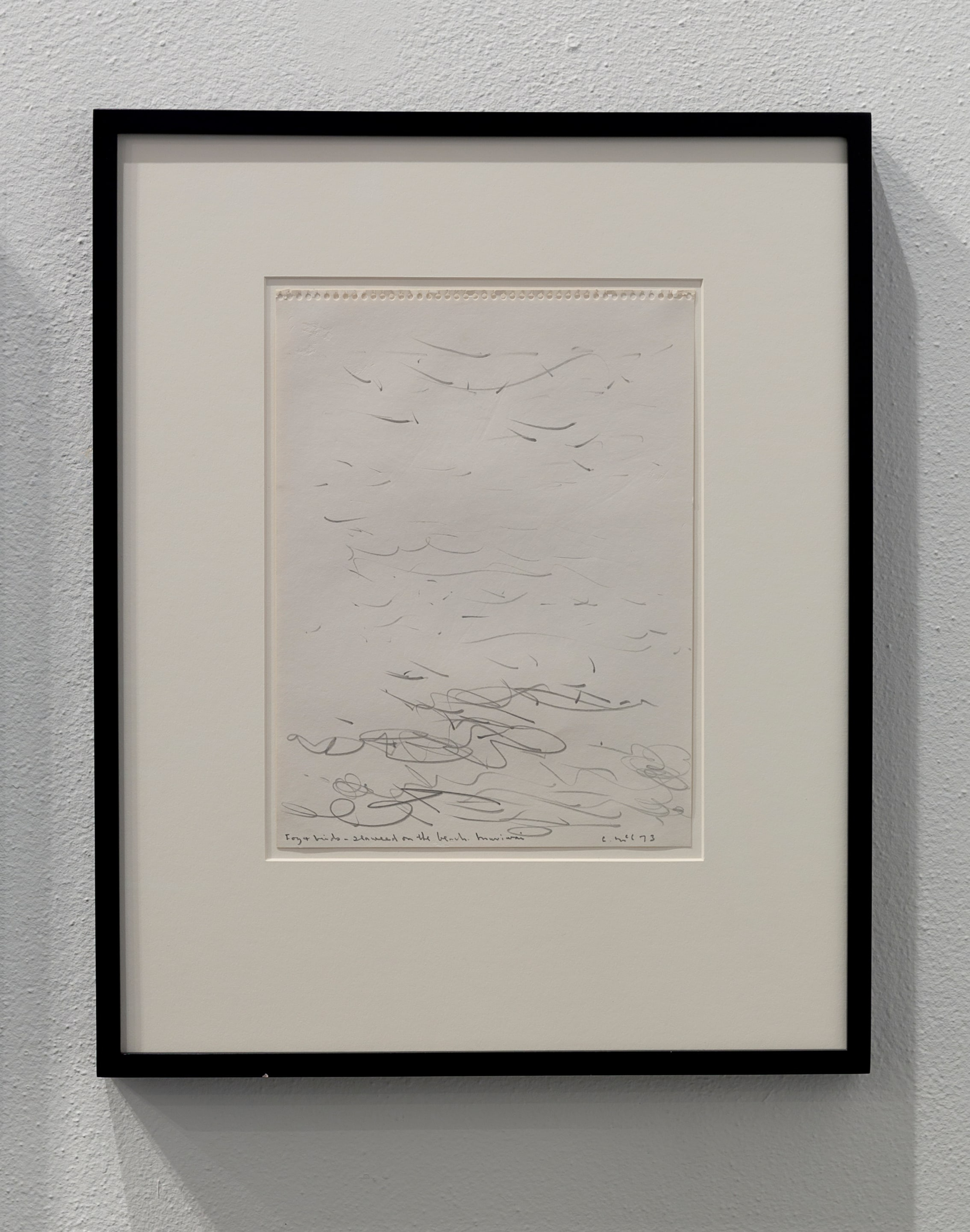 Colin McCahon, installation view of Fog Comes in over the Beach, Muriwai, 1973. Pencil on paper, one of nine, 306 x 228mm. Courtesy of Auckland Art Gallery Toi o Tāmaki, on loan from a private collection. Photo: Shaun Waugh.
