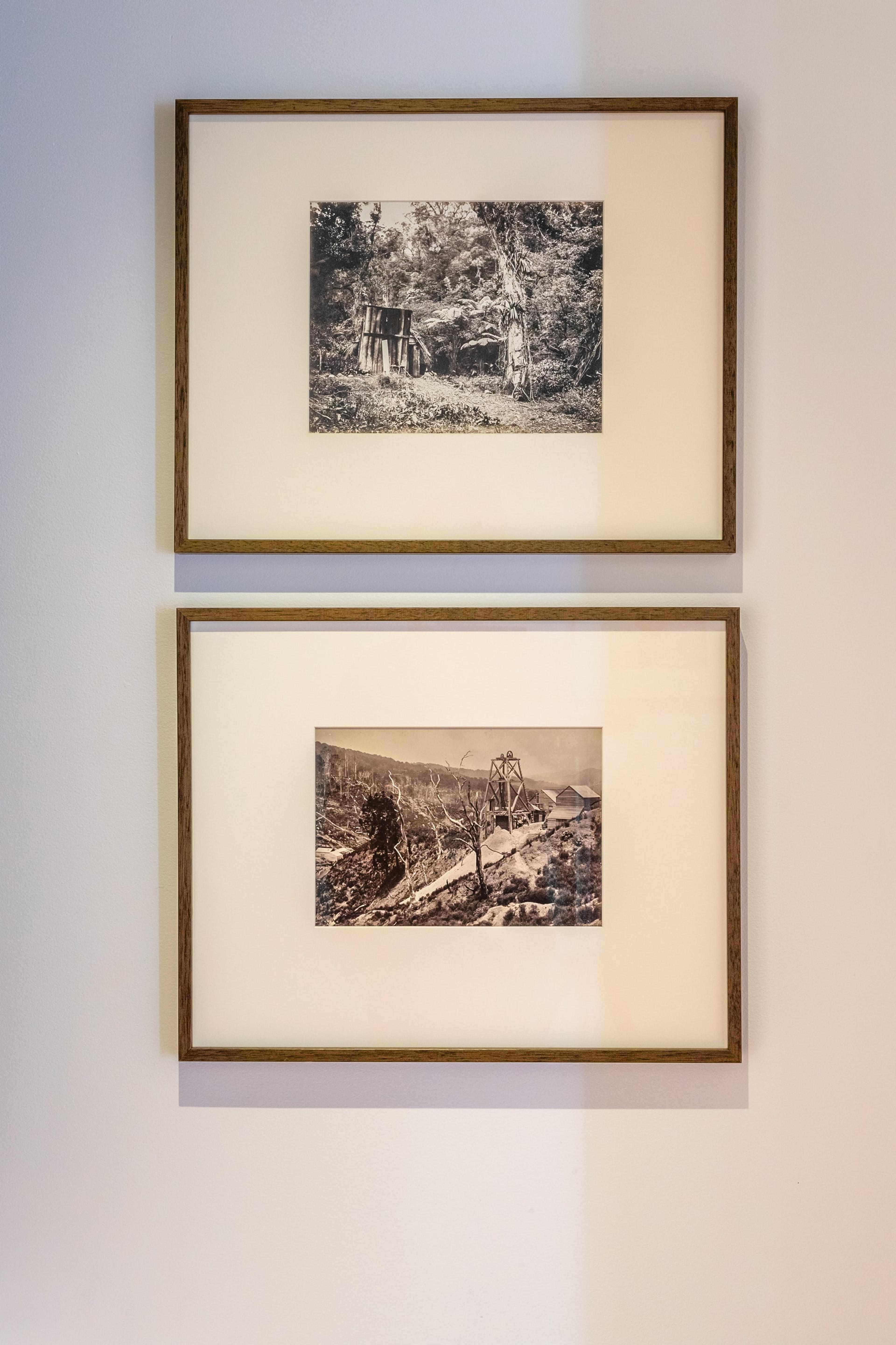 John Kinder (1819–1903), Bush Scene, Coromandel, 1866, albumen print, P1922-001-065, 220 × 285 mm, Hocken Collections Uare Taoka o Hākena, University of Otago; and Coromandel, Gold Field, 1866, albumen print, P1922-001-010, 195 × 275 mm, Hocken Collections Uare Taoka o Hākena, University of Otago. Installation view, Tēnei Ao Tūroa – This Enduring World, Te Pātaka Toi Adam Art Gallery, Victoria University Wellington. Photo: Ted Whitaker