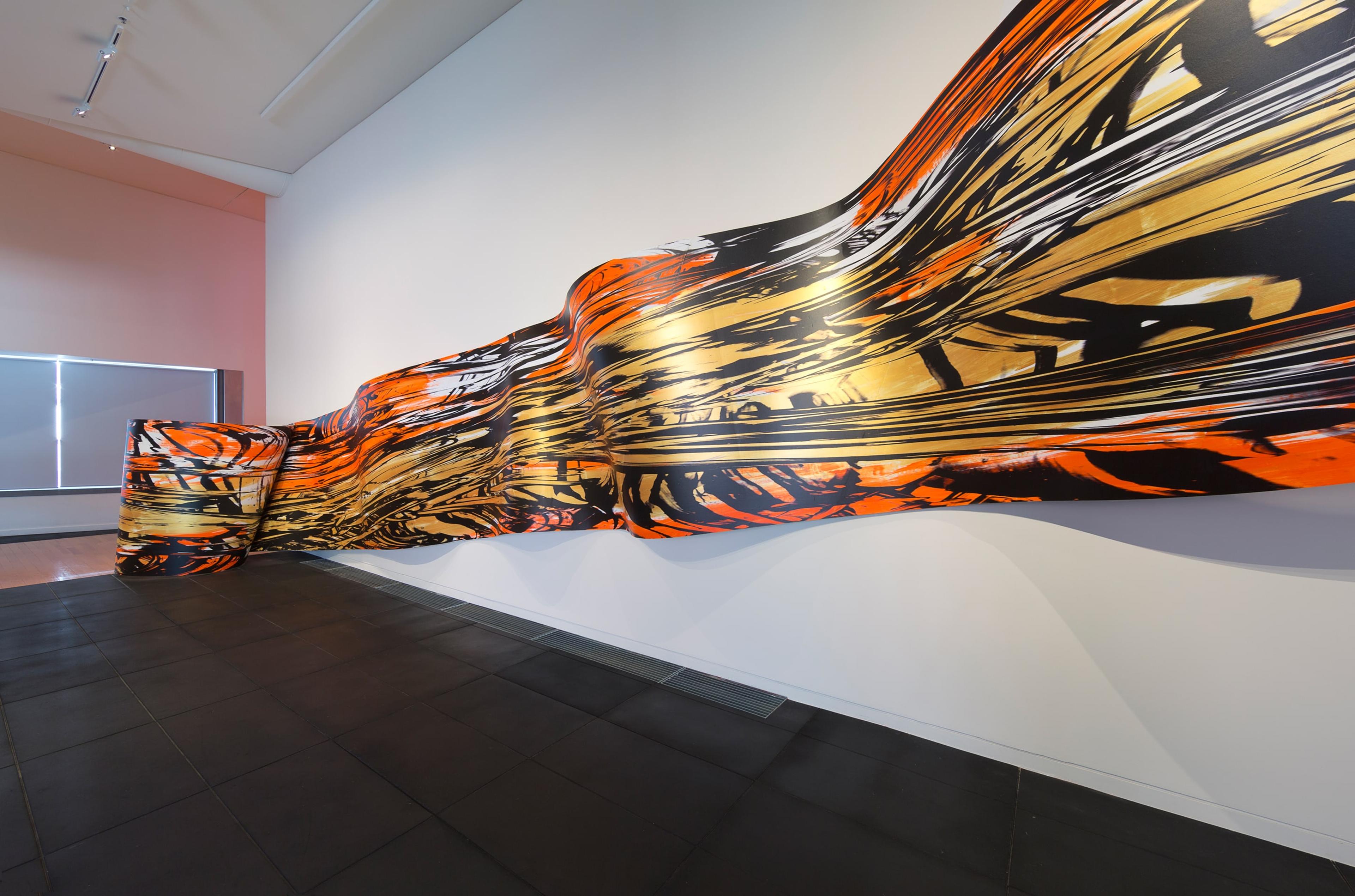 Judy Millar, installation view of Space Work 7, 2014. Wood, paint, digital print, 11.1 x 4.3 meters. Courtesy of the artist, Gow Langsford, Auckland and the Adam Art Gallery. Photo: Shaun Waugh.